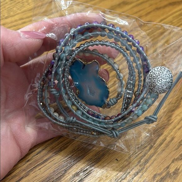 Bohemian Tribal Beaded Wrap Bracelet Blue Agate slice NEW - Picture 2 of 3